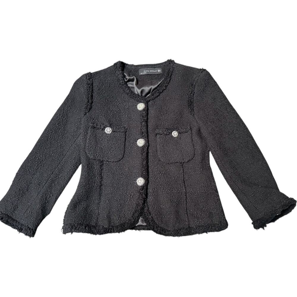 ZARA Woman Black Bouclé Tweed‎ Jacket XS Rhinestone Buttons, XS